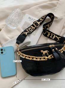 Crocodile Embossed Chain Bum Bag - Black - View 7