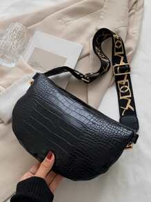 Crocodile Embossed Chain Bum Bag - Black - View 8