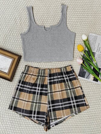 de cuello notch Top tank & con estampado de cuadros Shorts Conjunto de pijama