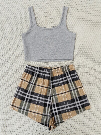 de cuello notch Top tank & con estampado de cuadros Shorts Conjunto de pijama