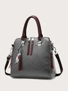 流蘇裝飾復古設計水桶包 - 深灰色 - 查看 1