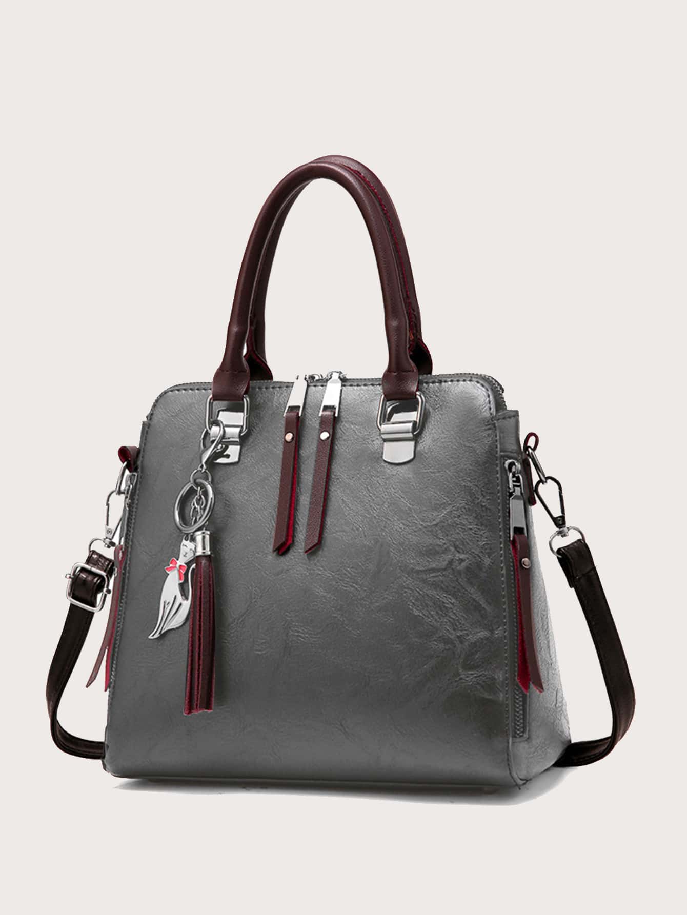 流蘇裝飾復古設計水桶包 - 深灰色 - 查看 1