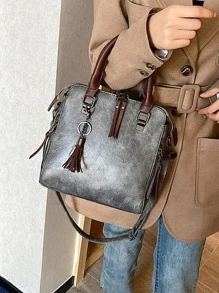 流蘇裝飾復古設計水桶包 - 深灰色 - 查看 2