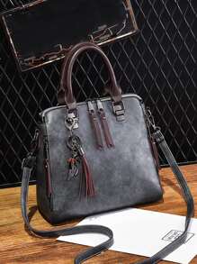 流蘇裝飾復古設計水桶包 - 深灰色 - 查看 3