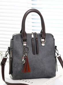 流蘇裝飾復古設計水桶包 - 深灰色 - 查看 4