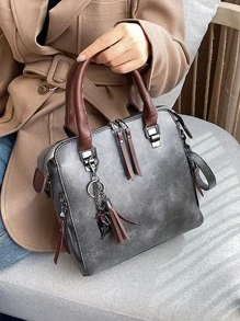 流蘇裝飾復古設計水桶包 - 深灰色 - 查看 6