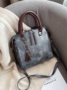 流蘇裝飾復古設計水桶包 - 深灰色 - 查看 7