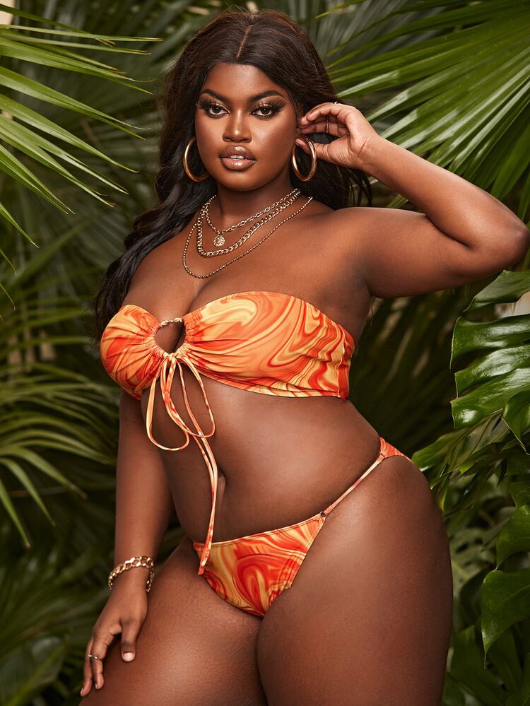 SHEIN Swim Curve Plus Size Fluid Pattern Tie Front Bandeau Bikini Set Summer Beach - Orange - View 4