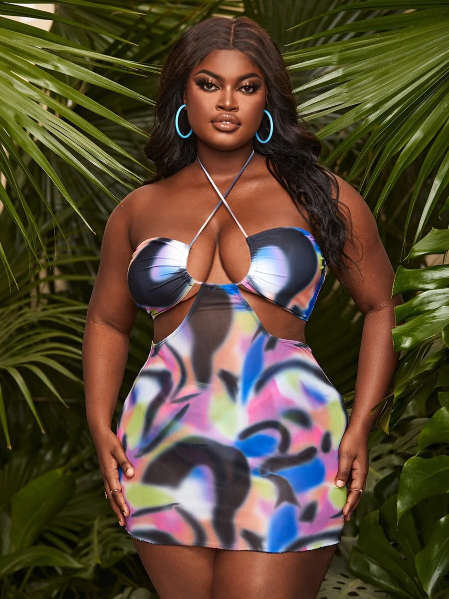 Plus Size Tie Dye Lace Up Tankini Summer Beach - Multicolor - View 1