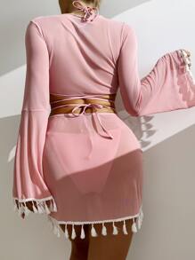 SHEIN Swim Summer Beach 4packs Micro Triangle Bikini With Tassel Trim Cover Up - Pink - View 2