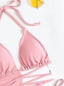 SHEIN Swim Summer Beach 4packs Micro Triangle Bikini With Tassel Trim Cover Up - Pink - View 3