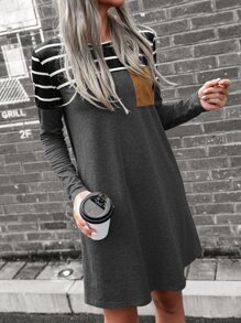 SHEIN LUNE Vestido estilo camiseta con estampado de rayas de color combinado - Gris Oscuro - Ver 1