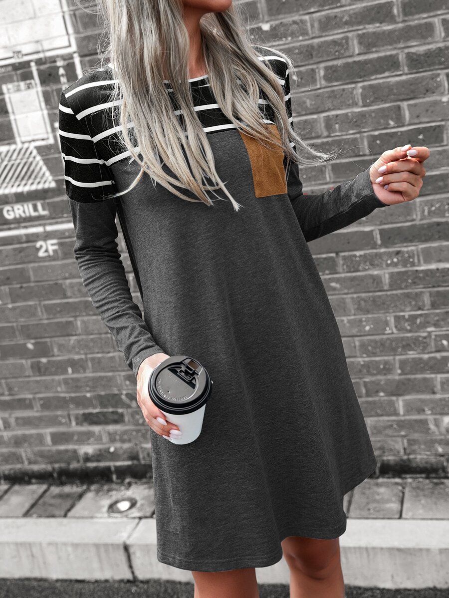 SHEIN LUNE Vestido estilo camiseta con estampado de rayas de color combinado - Gris Oscuro - Ver 1