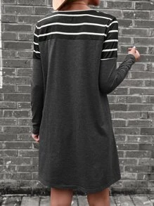 SHEIN LUNE Vestido estilo camiseta con estampado de rayas de color combinado - Gris Oscuro - Ver 2