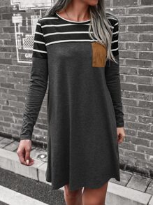 SHEIN LUNE Vestido estilo camiseta con estampado de rayas de color combinado - Gris Oscuro - Ver 3