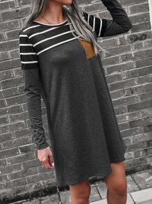 SHEIN LUNE Vestido estilo camiseta con estampado de rayas de color combinado - Gris Oscuro - Ver 4