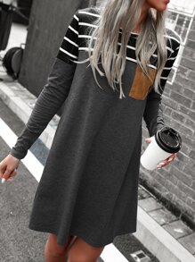 SHEIN LUNE Vestido estilo camiseta con estampado de rayas de color combinado - Gris Oscuro - Ver 5
