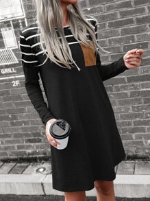 SHEIN LUNE Vestido estilo camiseta con estampado de rayas de color combinado - Negro - Ver 1