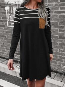 SHEIN LUNE Vestido estilo camiseta con estampado de rayas de color combinado - Negro - Ver 3