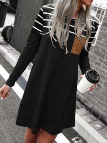 SHEIN LUNE Vestido estilo camiseta con estampado de rayas de color combinado - Negro - Ver 5