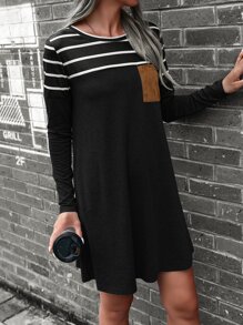 SHEIN LUNE Vestido estilo camiseta con estampado de rayas de color combinado - Negro - Ver 6