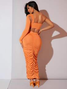 SHEIN SXY 單肩圓形扣環鏤空短款上衣和褶邊鉛筆裙 - 橘色 - 查看 3