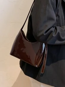 Patent Shoulder Bag - Coffee Brown - View 1