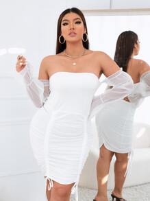 大碼一字肩網紗拼接抽繩緊身連衣裙 - 白色 - 查看 1