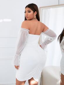 大碼一字肩網紗拼接抽繩緊身連衣裙 - 白色 - 查看 2