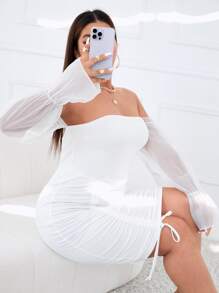 大碼一字肩網紗拼接抽繩緊身連衣裙 - 白色 - 查看 3