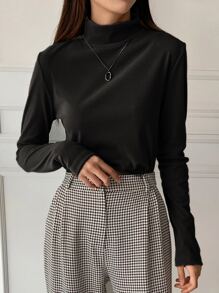 DAZY Camiseta De Punto Acanalada Con Cuello Falso - Negro - Ver 1