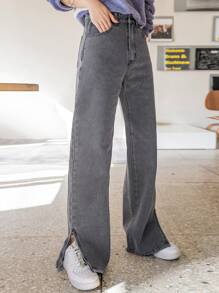 DAZY Quần jean nữ Túi Chia Dây kéo màu trơn - Xám - Xem 1