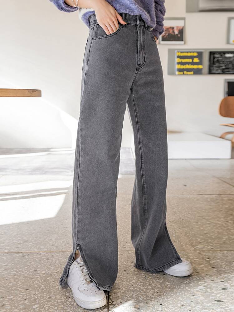 DAZY Quần jean nữ Túi Chia Dây kéo màu trơn - Xám - Xem 1