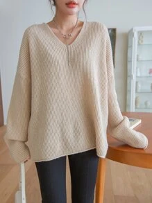 DAZY Suéter de punto acanalado con hombros caídos, ropa de mujer de otoño - Albaricoque - Ver 3