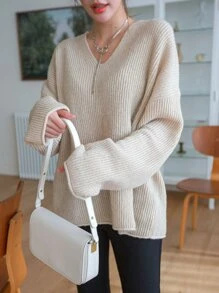 DAZY Suéter de punto acanalado con hombros caídos, ropa de mujer de otoño - Albaricoque - Ver 7