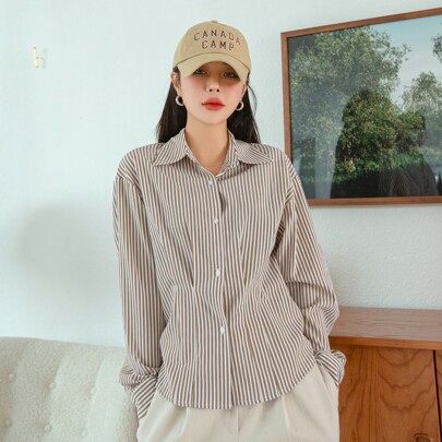 세로 줄무늬 드롭 숄더 셔츠, 가을 여성 의류