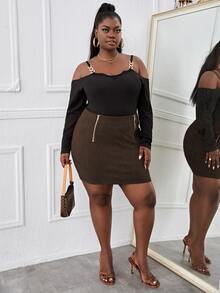 Falda con diseño de cremallera - Marrón Chocolate - Ver 3