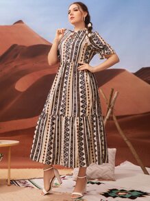 大碼幾何印花荷葉袖荷葉邊連衣裙 - 彩色 - 查看 1