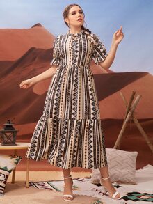 大碼幾何印花荷葉袖荷葉邊連衣裙 - 彩色 - 查看 3