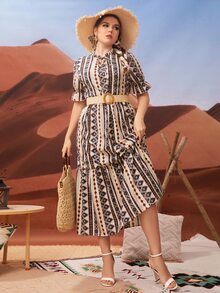 大碼幾何印花荷葉袖荷葉邊連衣裙 - 彩色 - 查看 4