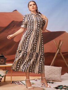 大碼幾何印花荷葉袖荷葉邊連衣裙 - 彩色 - 查看 5