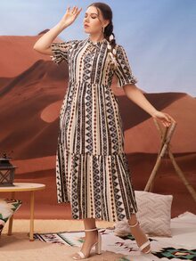 大碼幾何印花荷葉袖荷葉邊連衣裙 - 彩色 - 查看 6