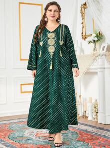 Al Najma Đầm Plus Size Nghề thêu Chấm bi Khiêm tốn - Màu xanh lá cây đậm - Xem 1