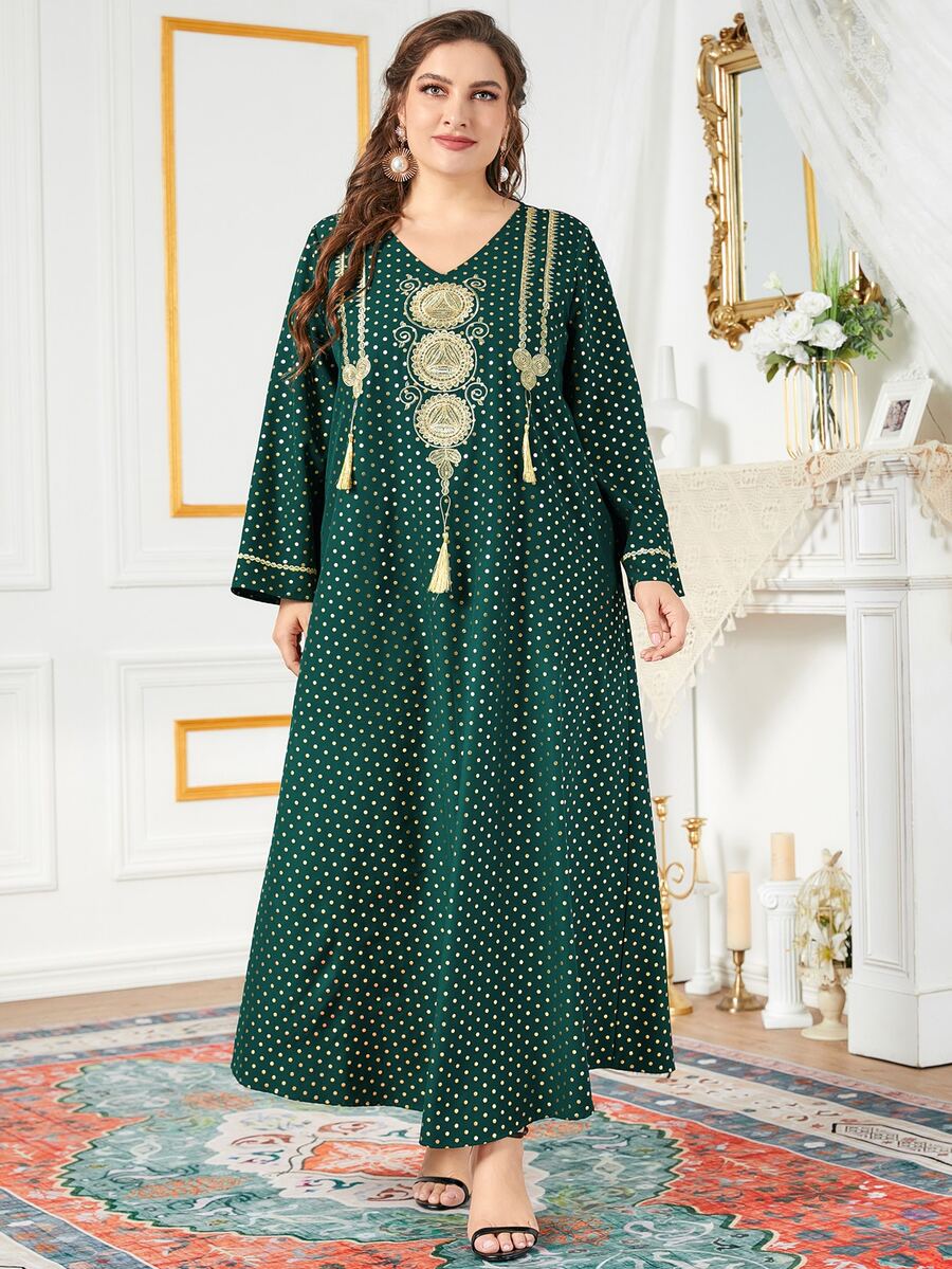 Al Najma Đầm Plus Size Nghề thêu Chấm bi Khiêm tốn - Màu xanh lá cây đậm - Xem 1