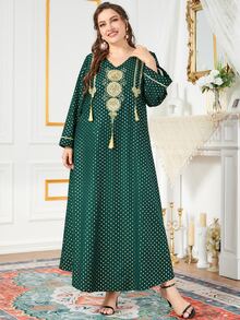 Al Najma Đầm Plus Size Nghề thêu Chấm bi Khiêm tốn - Màu xanh lá cây đậm - Xem 3