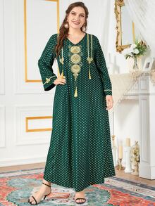 Al Najma Đầm Plus Size Nghề thêu Chấm bi Khiêm tốn - Màu xanh lá cây đậm - Xem 4