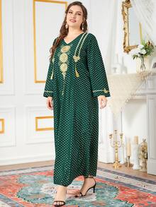 Al Najma Đầm Plus Size Nghề thêu Chấm bi Khiêm tốn - Màu xanh lá cây đậm - Xem 5