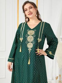 Al Najma Đầm Plus Size Nghề thêu Chấm bi Khiêm tốn - Màu xanh lá cây đậm - Xem 6