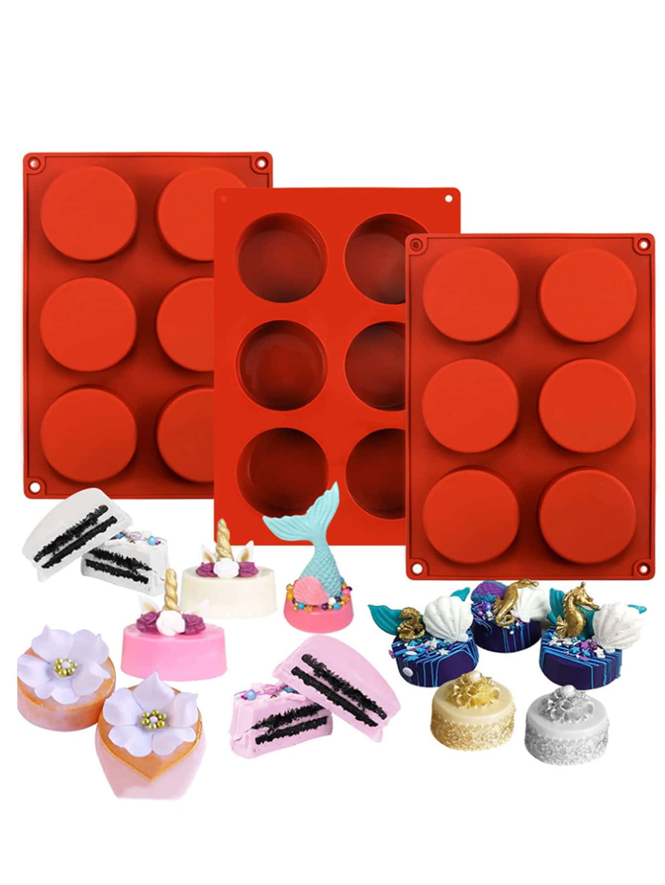 1入組小圓馬卡龍巧克力矽膠模具，可用於6個空格/15個空格/12個空格/55個空格，和1入組16個空格橢圓形巧克力模具 - 棕色 - 查看 1