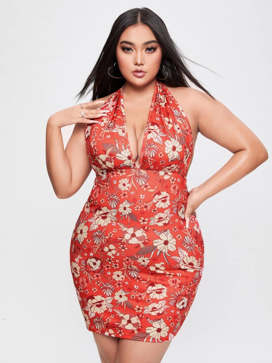 Đầm Plus Size Lộ Lưng Buộc lại Hoa Tất cả trên in Gợi cảm - Đỏ - Xem 1